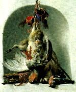 HONDECOETER, Melchior d stilleben med faglar och jaktredskap oil on canvas